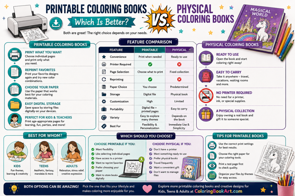 Printable Coloring Books vs. Physical Coloring Books: Which Is Better? printable vs physical coloring books